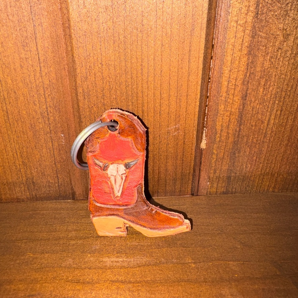 Hand tooled leather cowboy boot keychain